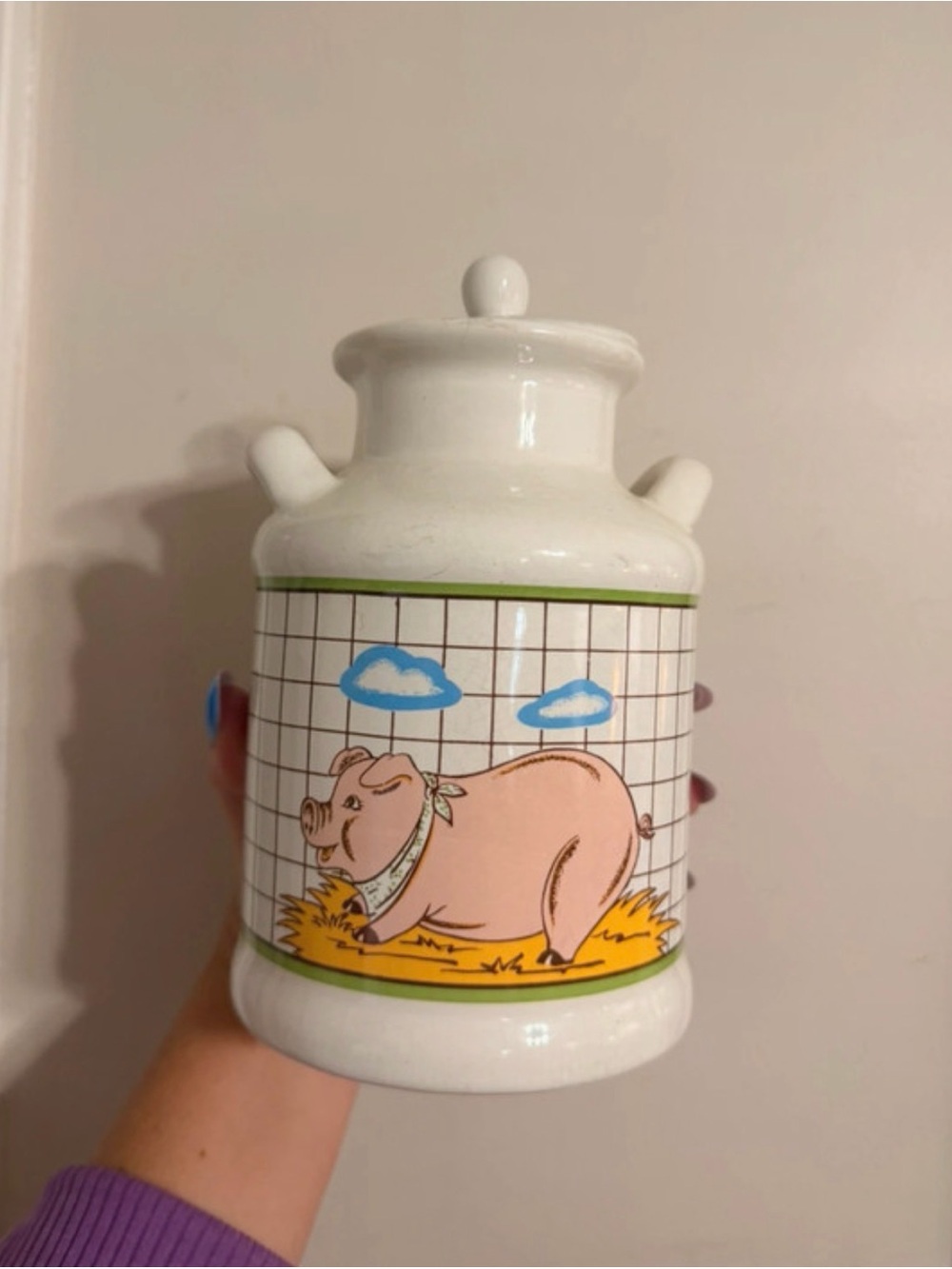 Vintage Pink Pig Ceramic Canister with Blue Clouds
